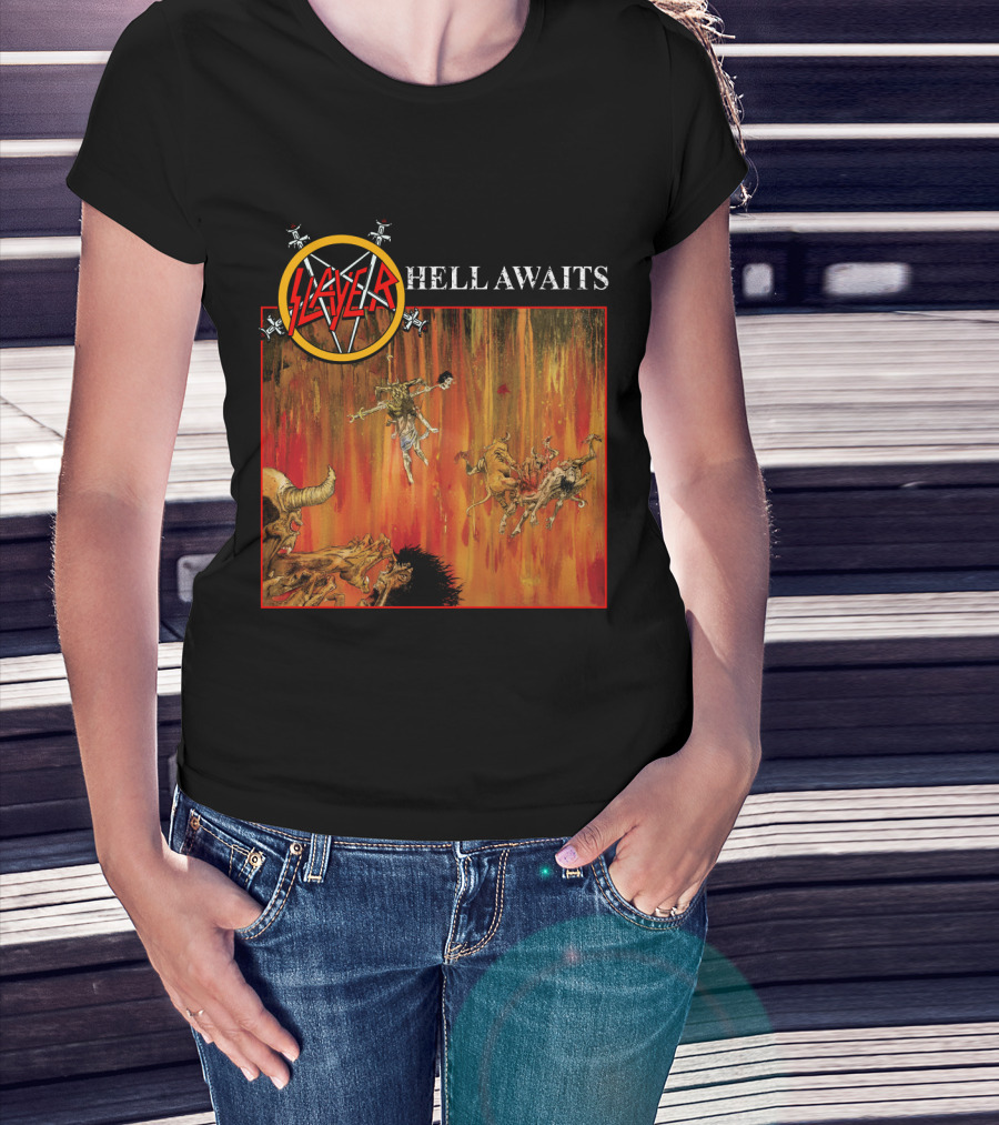 Slayer Hell Awaits Logo With Demonic Falling Figures And Fiery Scene T-Shirt