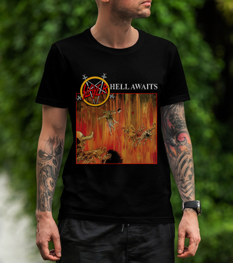 Slayer Hell Awaits Logo With Demonic Falling Figures And Fiery Scene T-Shirt