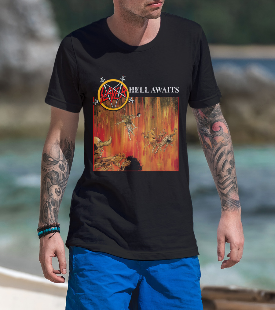 Slayer Hell Awaits Logo With Demonic Falling Figures And Fiery Scene T-Shirt