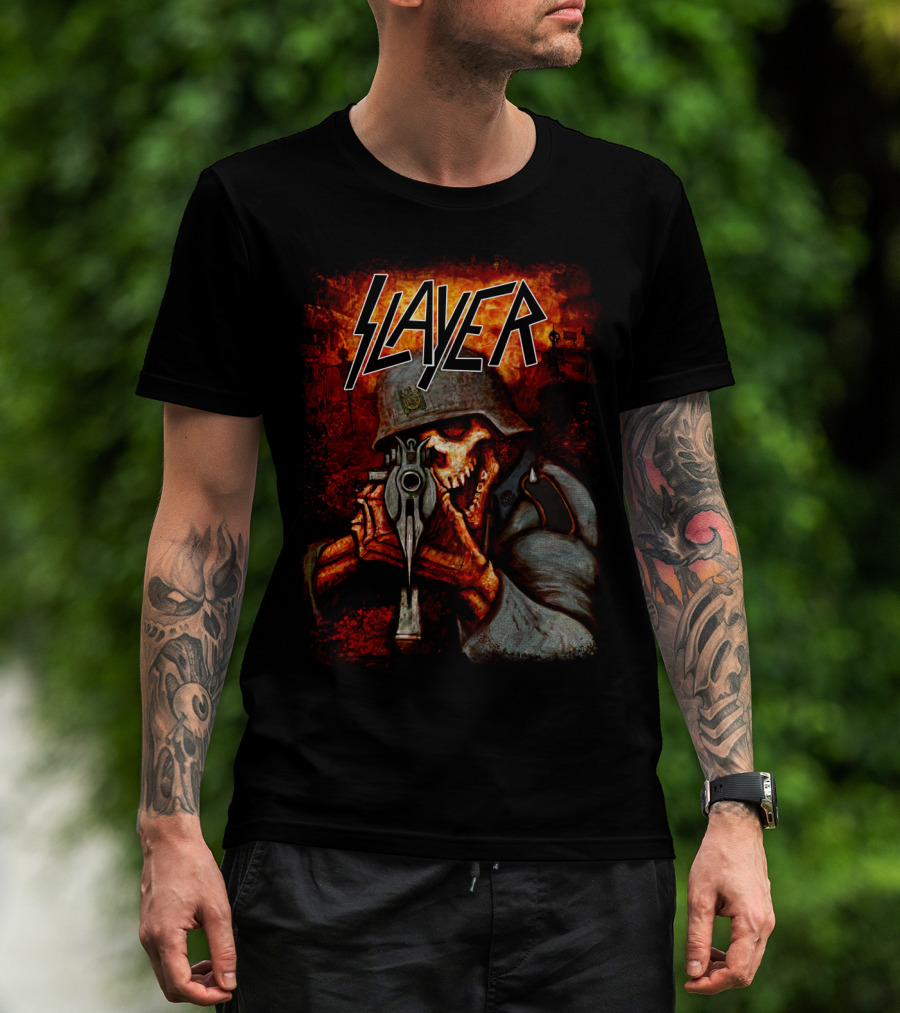Slayer Hellish Soldier Skeleton Aiming Gun Blaze T-Shirt