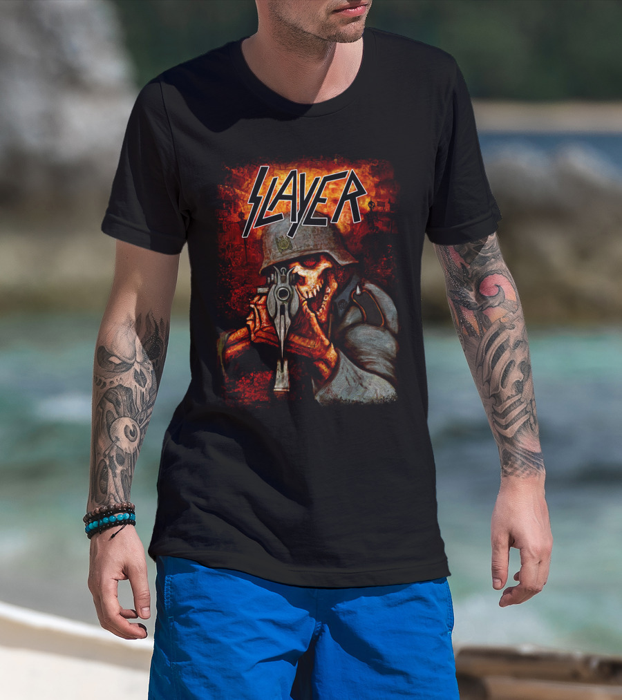 Slayer Hellish Soldier Skeleton Aiming Gun Blaze T-Shirt