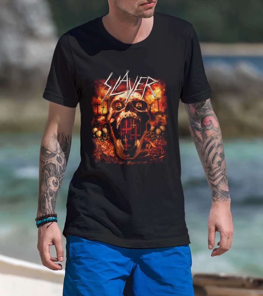 Slayer Skull Flames Crosses Metal Band Art T-Shirt