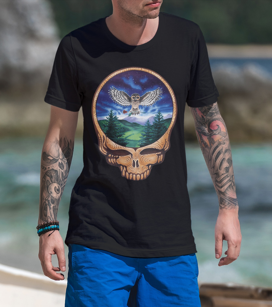 Grateful Dead Steal Your Face Owl In Night Sky Forest Scene T-Shirt