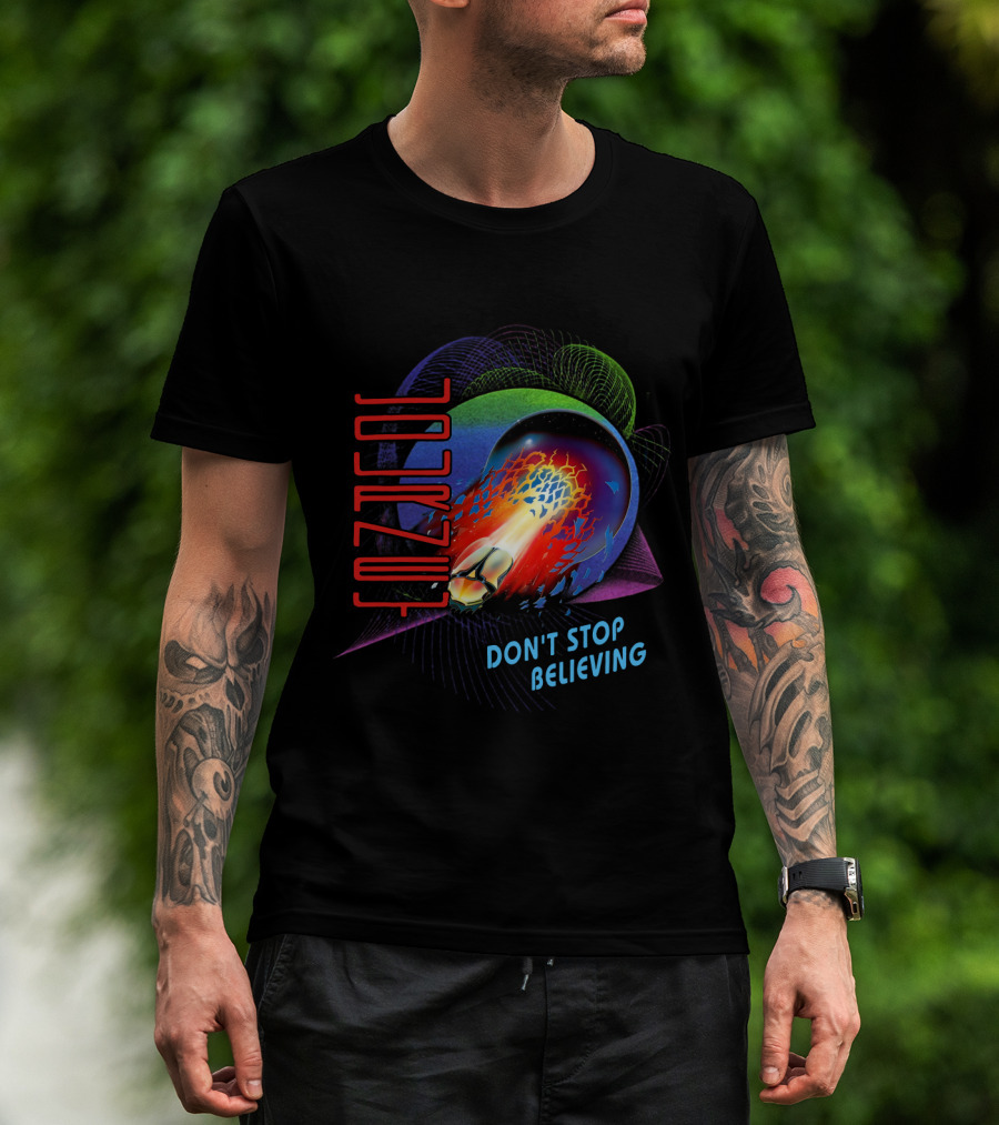 Journey Don't Stop Believing Text With Fiery Planet And Geometric T-Shirt