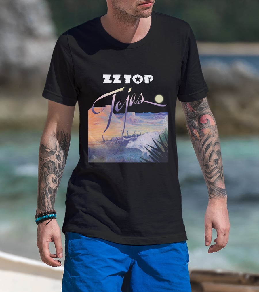 Zz Top Tejas Desert Scene With White Longhorn Under Moon T-Shirt