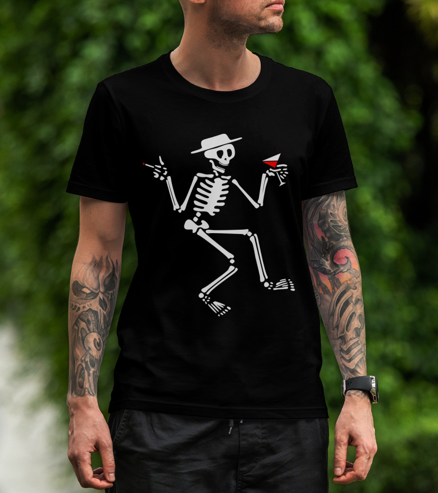 Sd 28 Dancing Skeleton With Hat Smoking Cigarette And Holding Cocktail T-Shirt