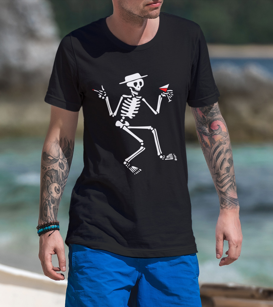 Sd 28 Dancing Skeleton With Hat Smoking Cigarette And Holding Cocktail T-Shirt