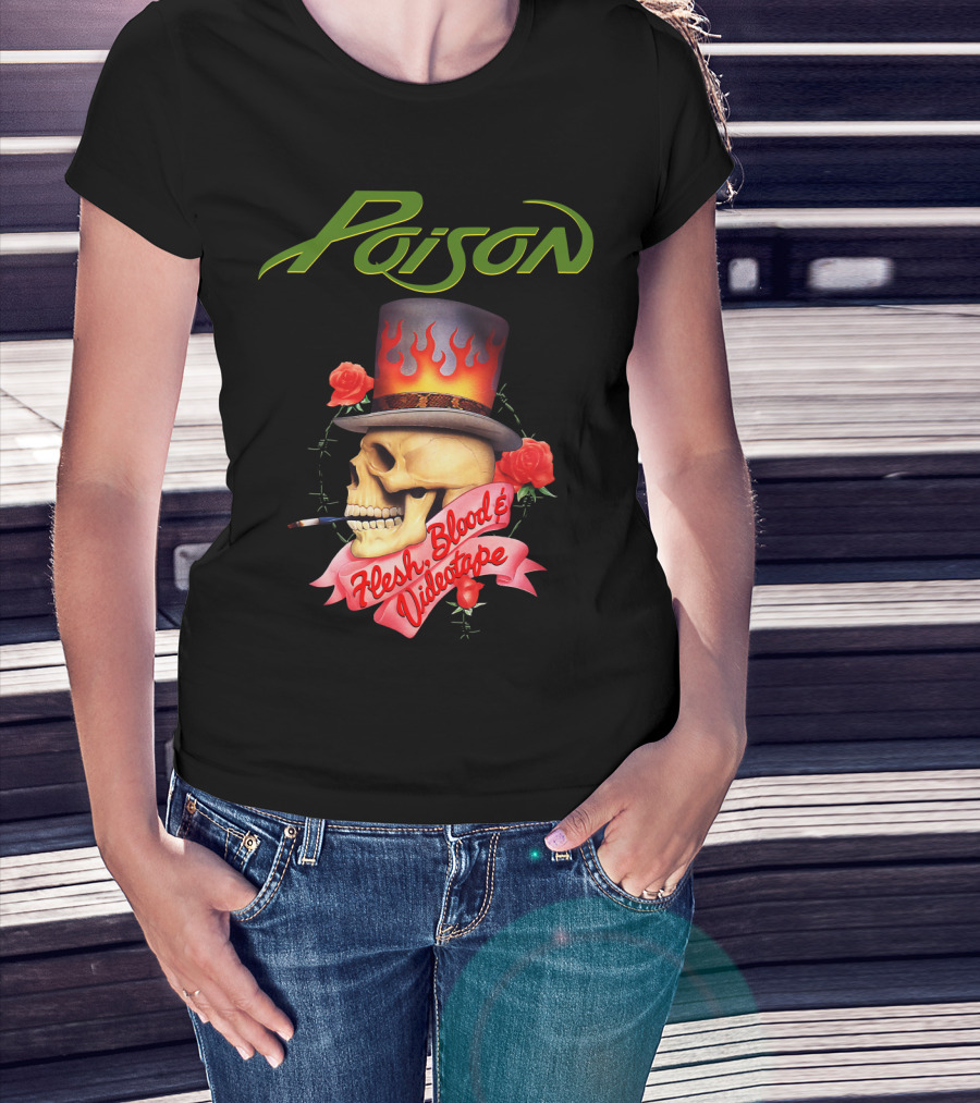 Poison Flesh Blood & Videotape Skull With Roses And Cigarette T-Shirt