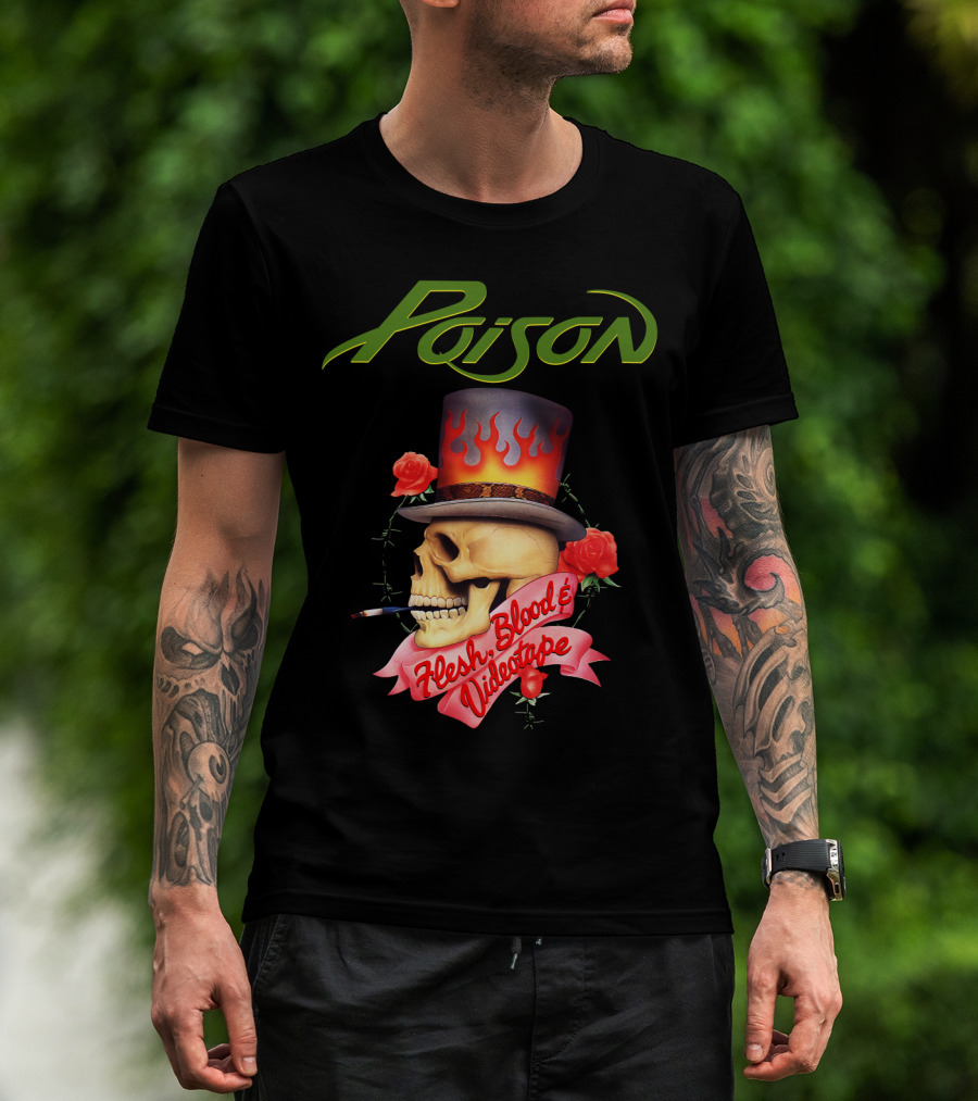 Poison Flesh Blood & Videotape Skull With Roses And Cigarette T-Shirt