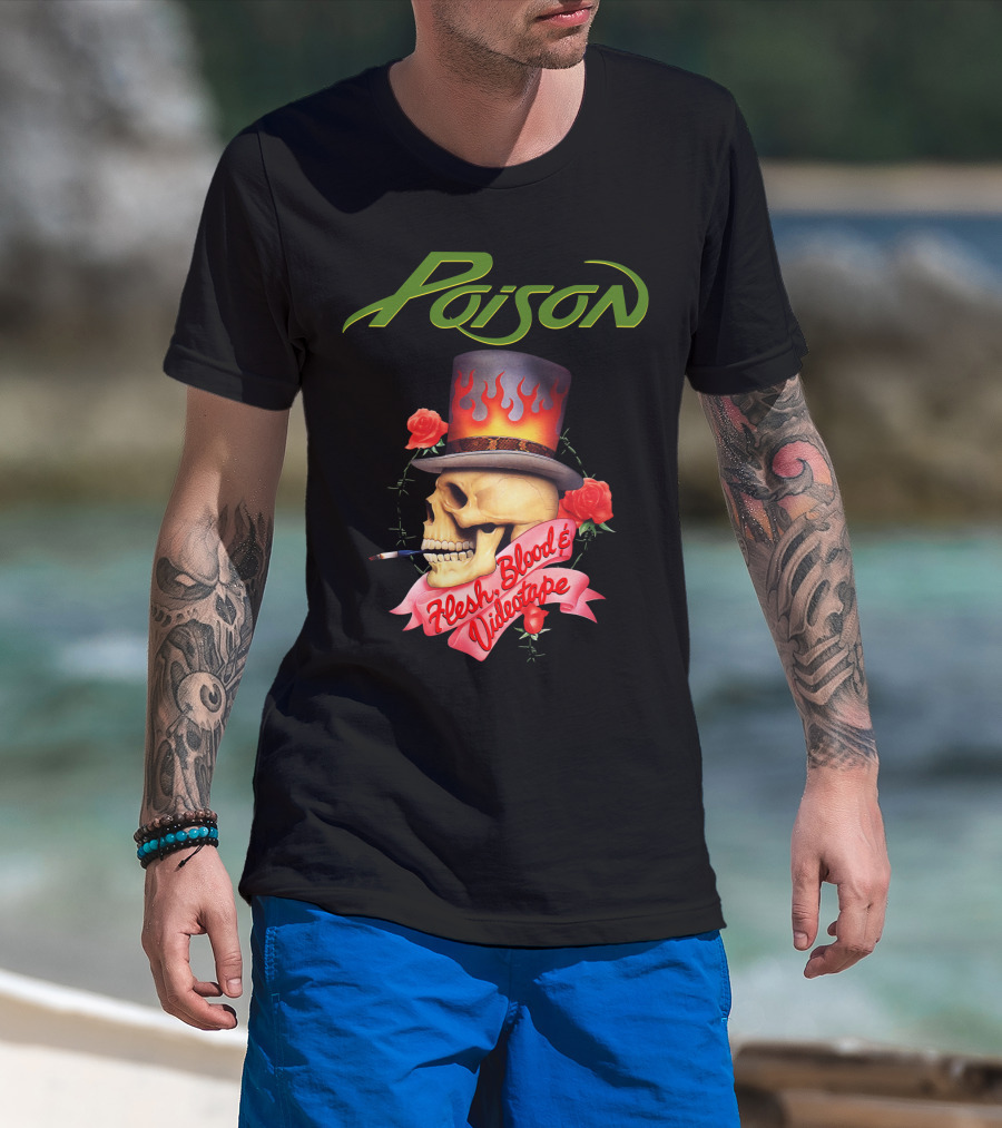 Poison Flesh Blood & Videotape Skull With Roses And Cigarette T-Shirt
