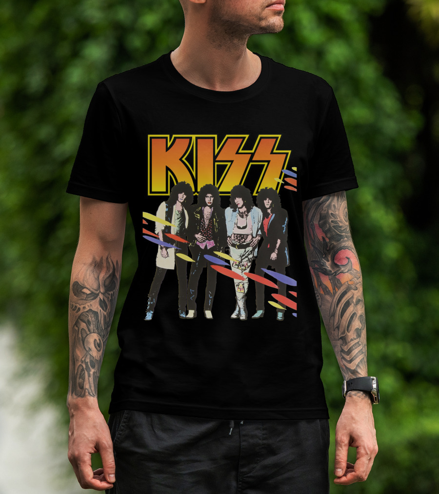 Kiss Band Retro Look With Colorful Stripes T-Shirt