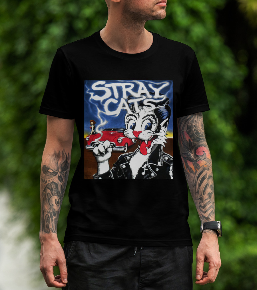 Stray Cats Rockabilly Band Retro Art With Cat Smoking In Leather Jacket T-Shirt
