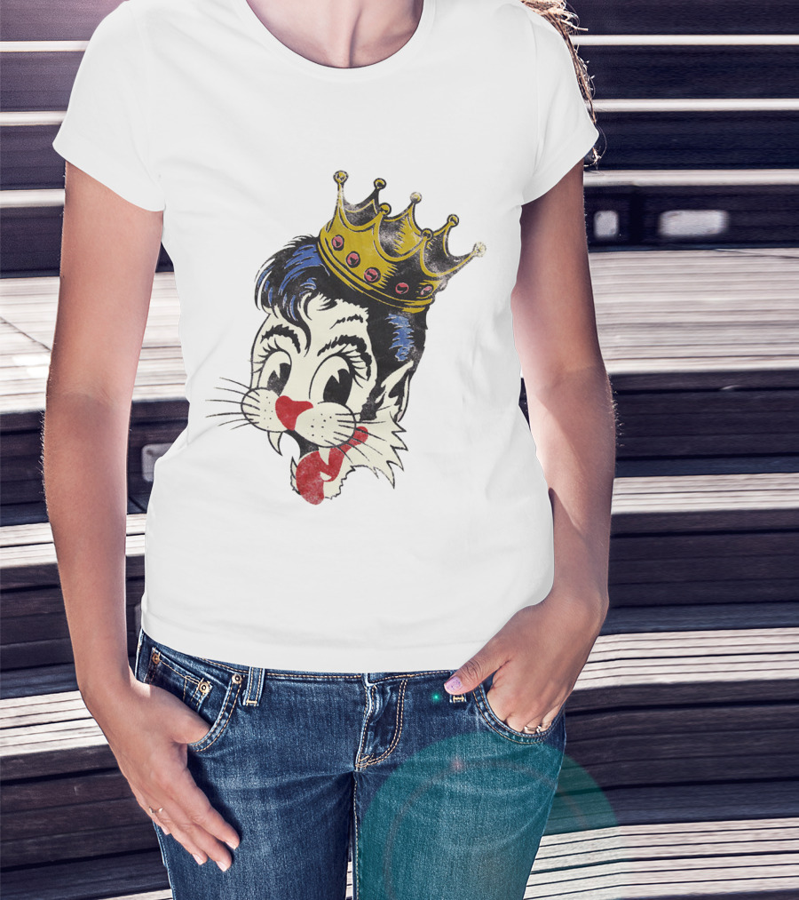 Crowned Cartoon Cat With Heart-Shaped Nose And Whiskers T-Shirt