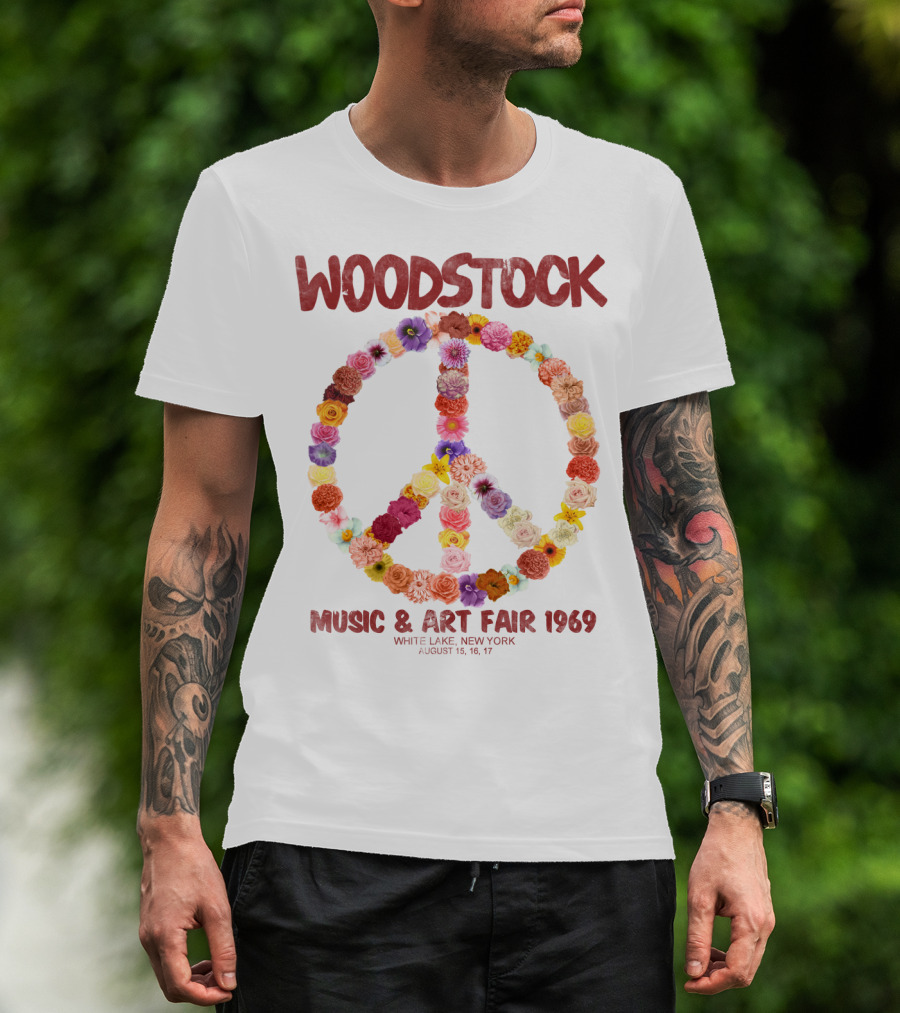 Woodstock Music & Art Fair 1969 Peace Symbol Flowers White Lake New York August T-Shirt