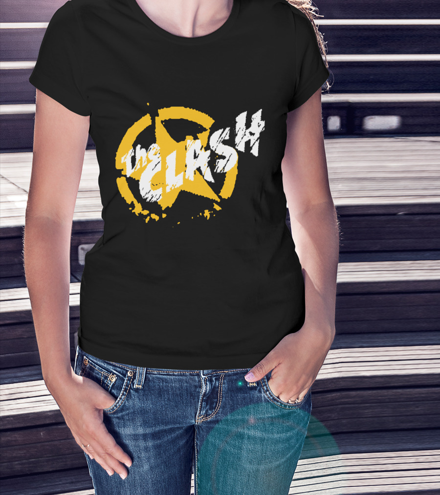 The Clash Star Logo Distressed Style Yellow And White T-Shirt