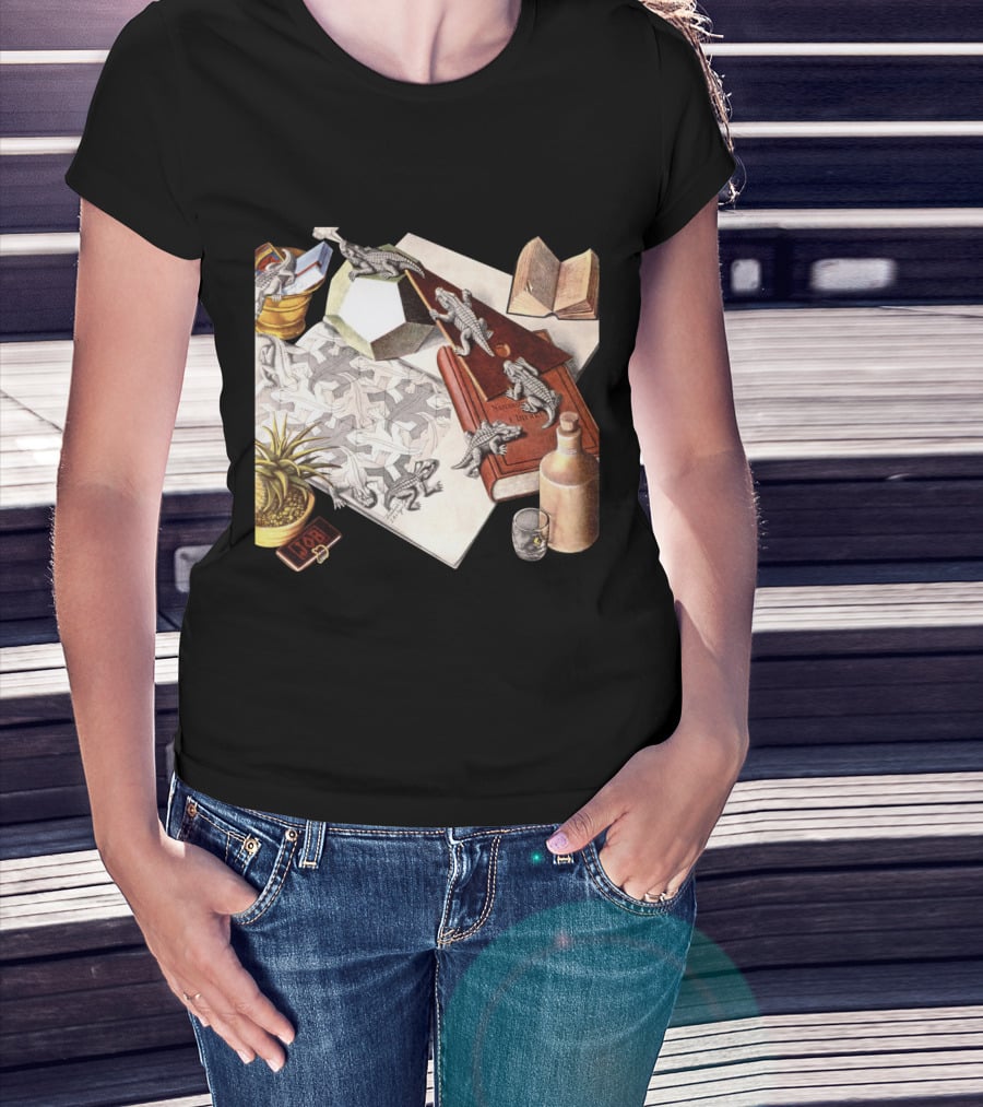 M.c. Escher 1988 Reptiles Optical Illusion Morphing Creatures Book And Geometric Patterns T-Shirt