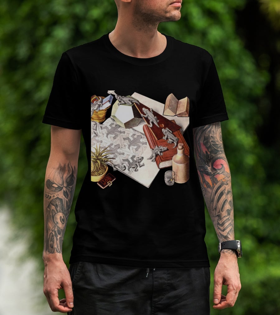 M.c. Escher 1988 Reptiles Optical Illusion Morphing Creatures Book And Geometric Patterns T-Shirt
