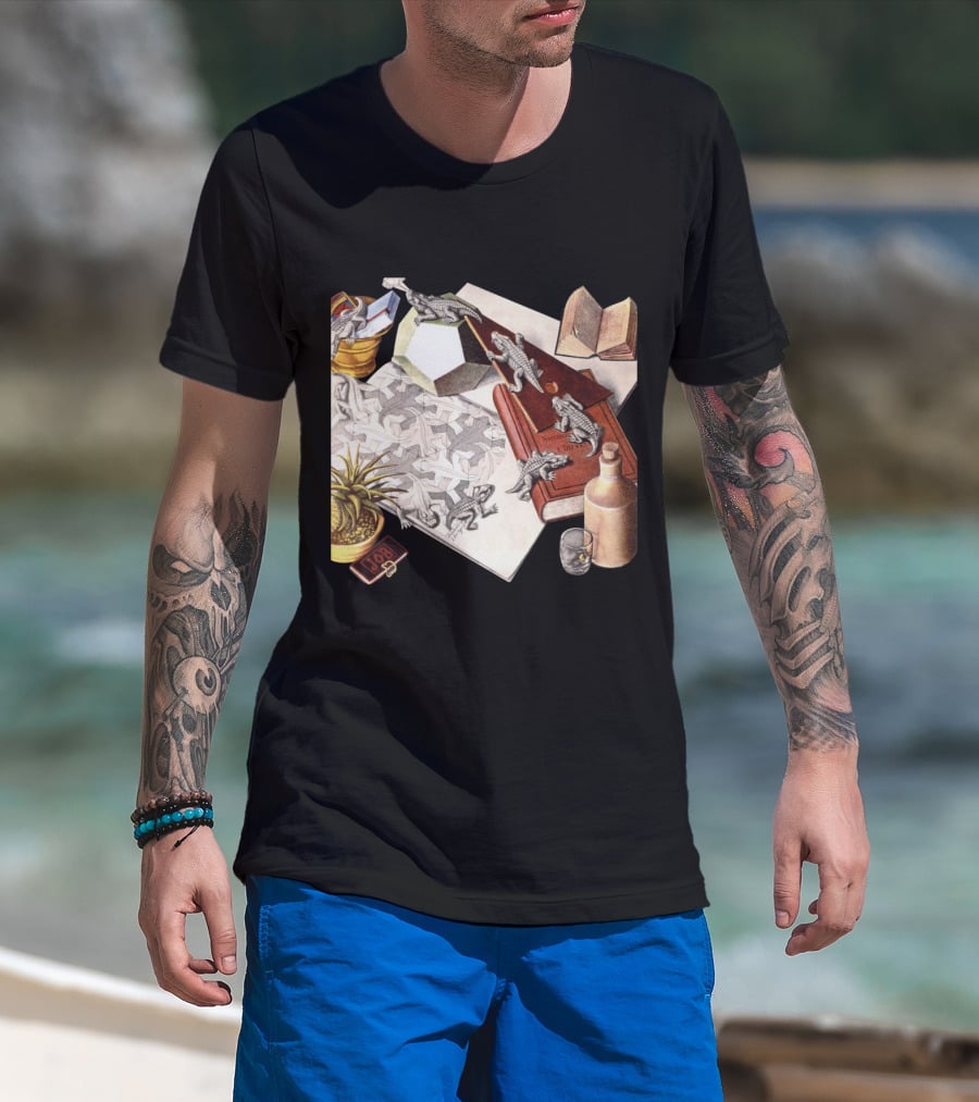 M.c. Escher 1988 Reptiles Optical Illusion Morphing Creatures Book And Geometric Patterns T-Shirt