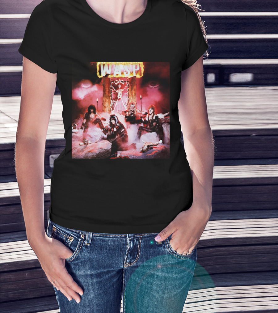 Wasp Burning Cross Skull Imagery Band Poster T-Shirt