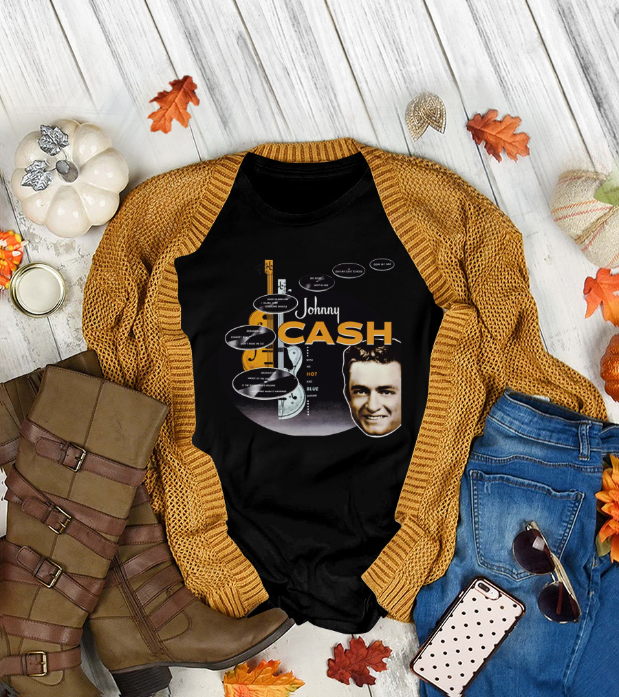 Johnny Cash Man In Black Hot And Blue Guitar Songs T-Shirt