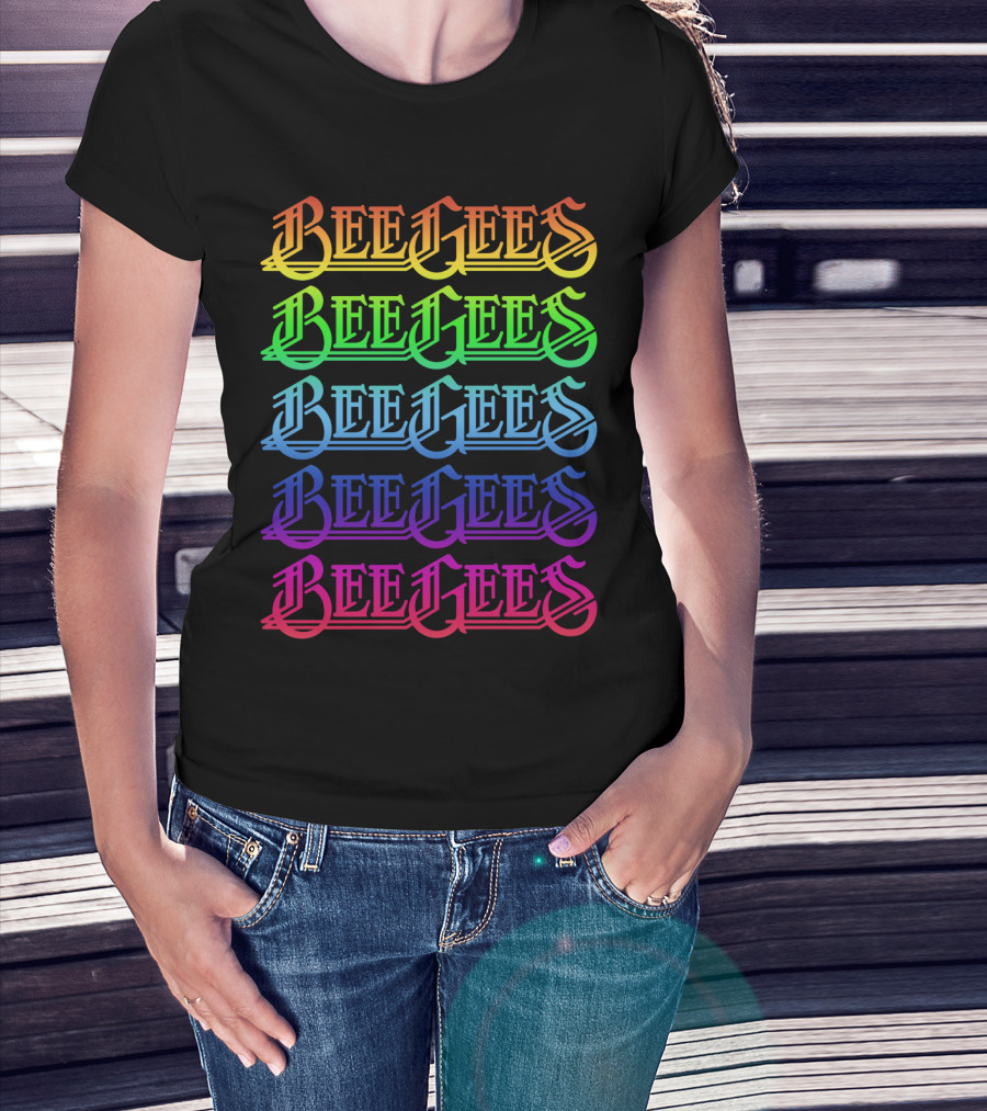 Bee Gees Rainbow Text Multi-Color Typography T-Shirt