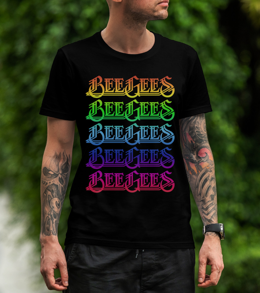 Bee Gees Rainbow Text Multi-Color Typography T-Shirt