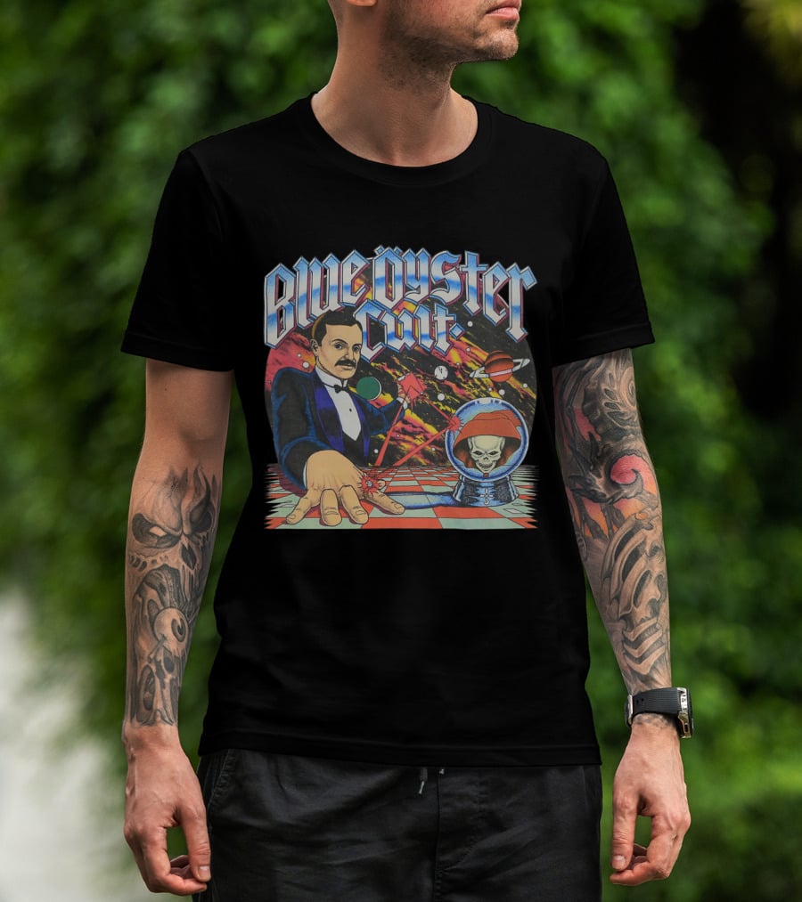 Blue Öyster Cult Science Fiction Cosmic Man And Alien Skull Planets T-Shirt