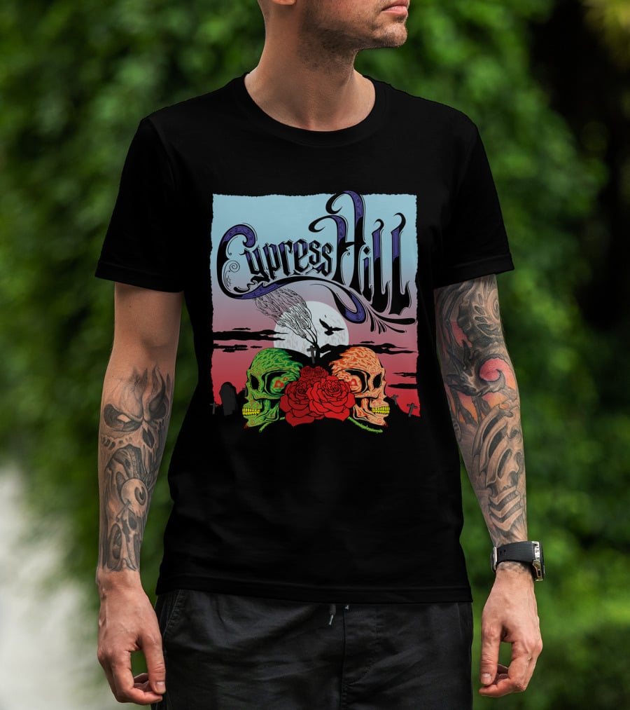 Cypress Hill Two Skulls And Roses With Moon And Raven T-Shirt
