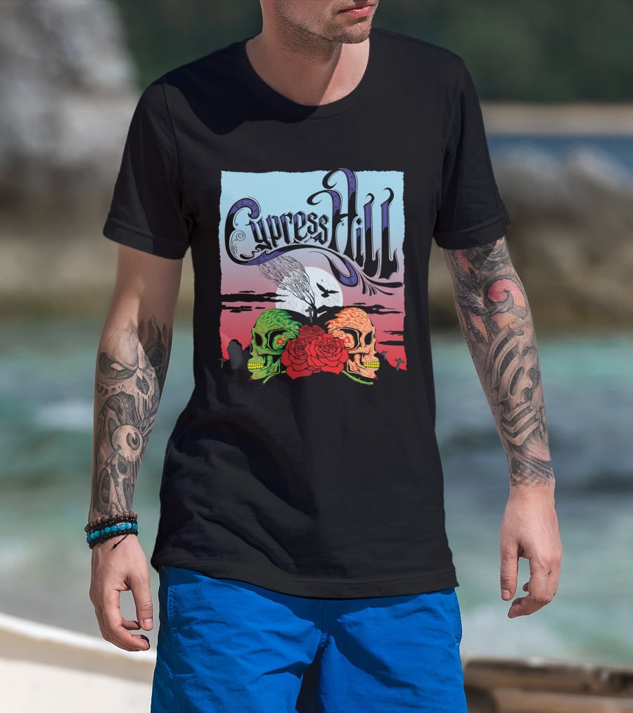 Cypress Hill Two Skulls And Roses With Moon And Raven T-Shirt