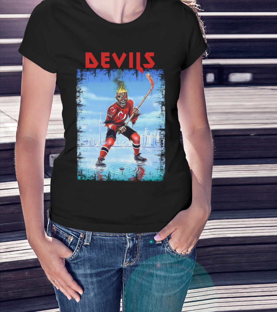 New Jersey Devils Hockey Fiery Demon Skater 666 City Skyline T-Shirt