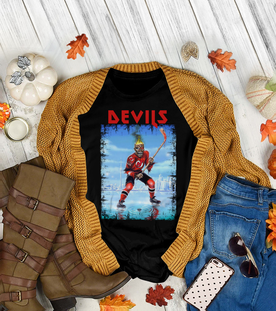 New Jersey Devils Hockey Fiery Demon Skater 666 City Skyline T-Shirt