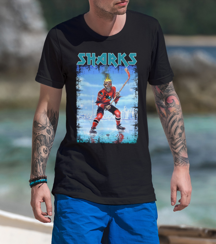Sharks Hockey Fiery Skeleton Player On Ice T-Shirt