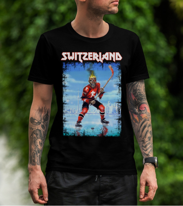 Switzerland Ice Hockey Skeleton With Flaming Head And Hockey Stick 666 Red Uniform Urban Ice Rink T-Shirt