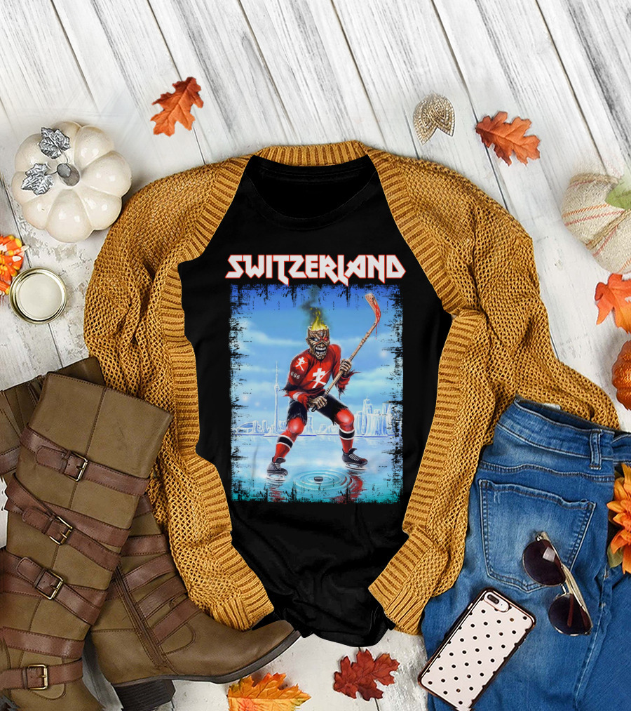 Switzerland Ice Hockey Skeleton with Flaming Head and Hockey Stick 666 Red Uniform Urban Ice Rink T-Shirt