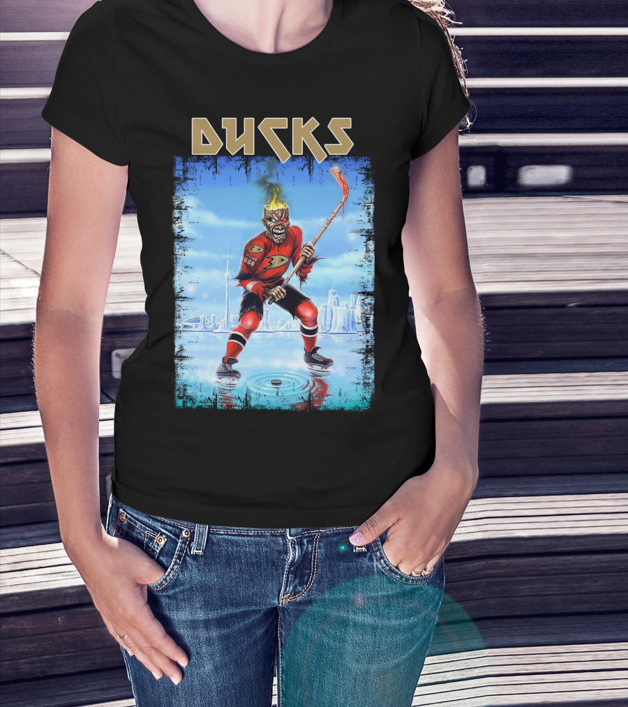 Ducks Hockey Player With Skeleton Face And Flaming Hair In Red Jersey T-Shirt