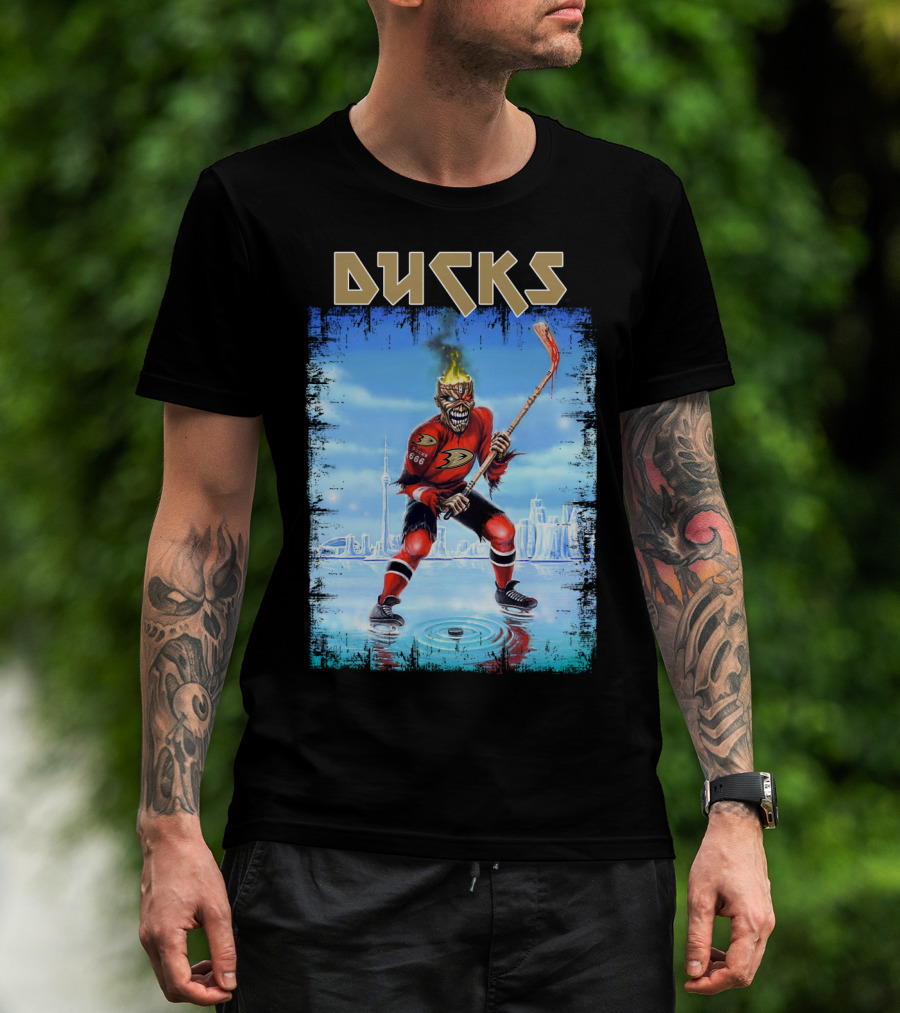Ducks Hockey Player With Skeleton Face And Flaming Hair In Red Jersey T-Shirt