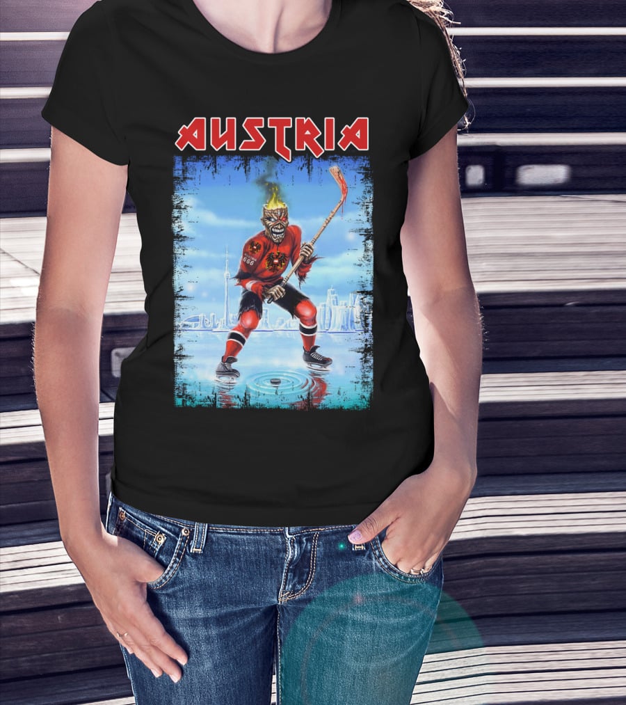 Austria Hockey Skeleton With Red And Black Flames And Vienna Skyline T-Shirt