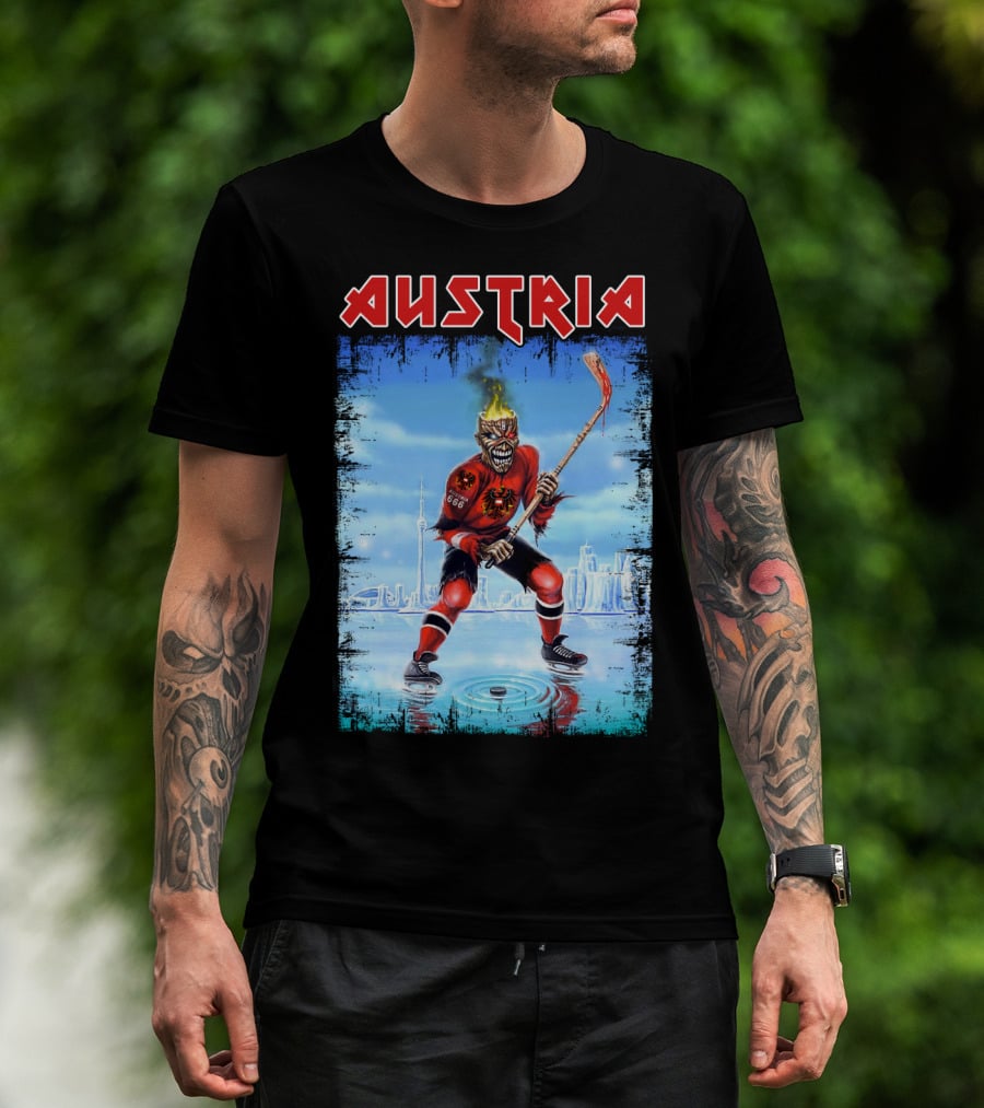 Austria Hockey Skeleton With Red And Black Flames And Vienna Skyline T-Shirt