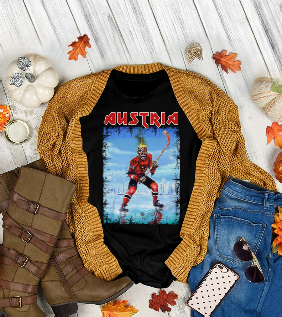 Austria Hockey Skeleton With Red And Black Flames And Vienna Skyline T-Shirt