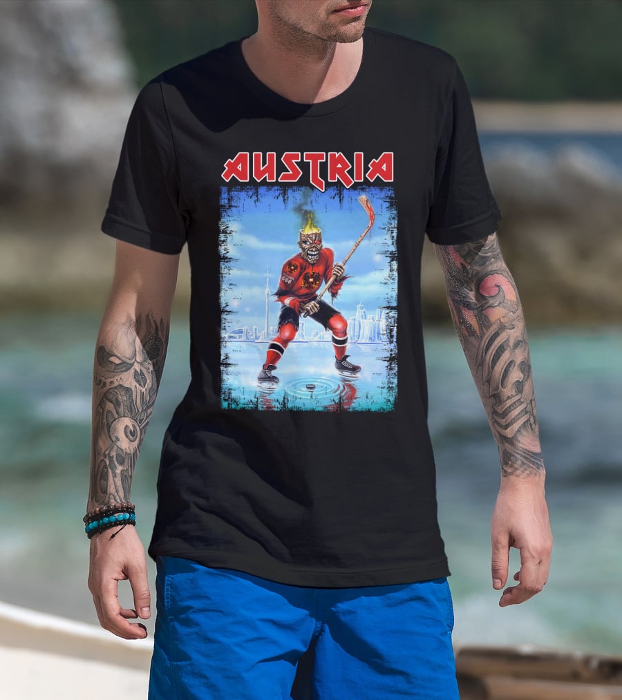 Austria Hockey Skeleton With Red And Black Flames And Vienna Skyline T-Shirt