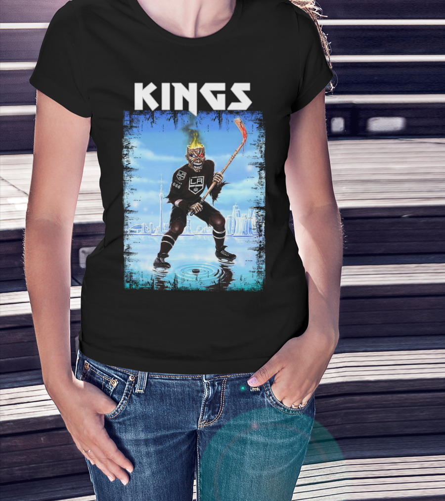 Kings Los Angeles Hockey Fiery Skull Player Ice Skating Scene T-Shirt