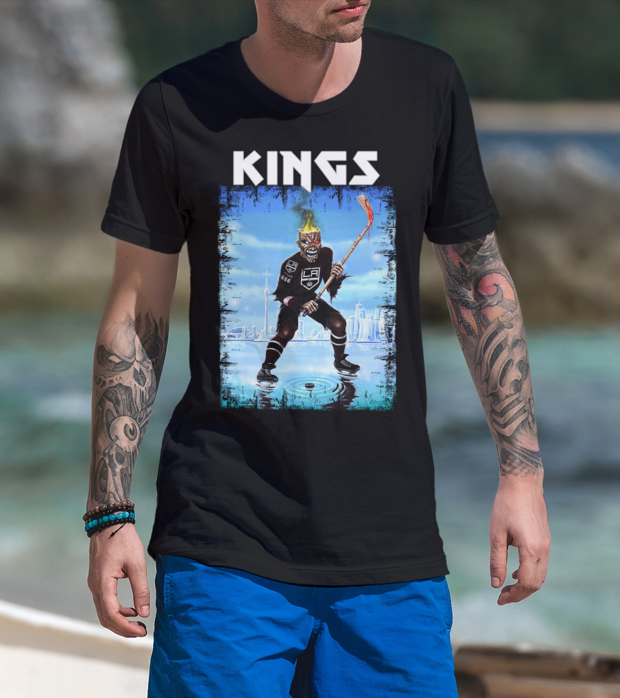Kings Los Angeles Hockey Fiery Skull Player Ice Skating Scene T-Shirt