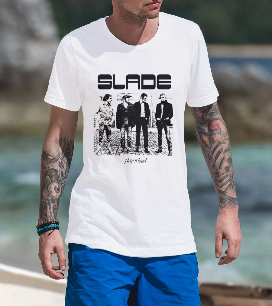 Slade Play It Loud Band Members Black And White Group Photo T-Shirt