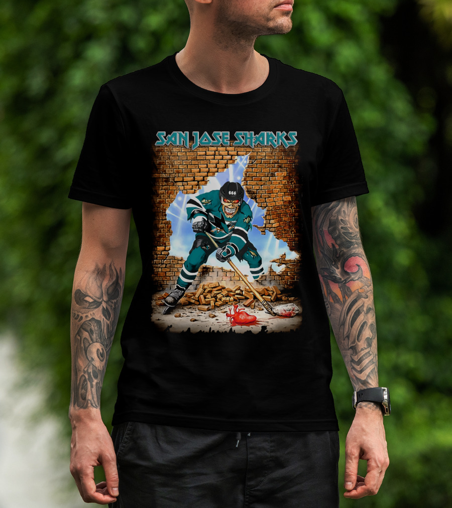 San Jose Sharks Skeleton Hockey Player Breaking Brick Wall T-Shirt