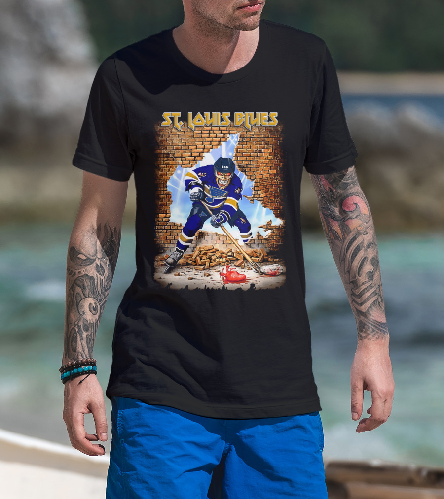 St. Louis Blues Hockey Skeleton Breaking Brick Wall T-Shirt