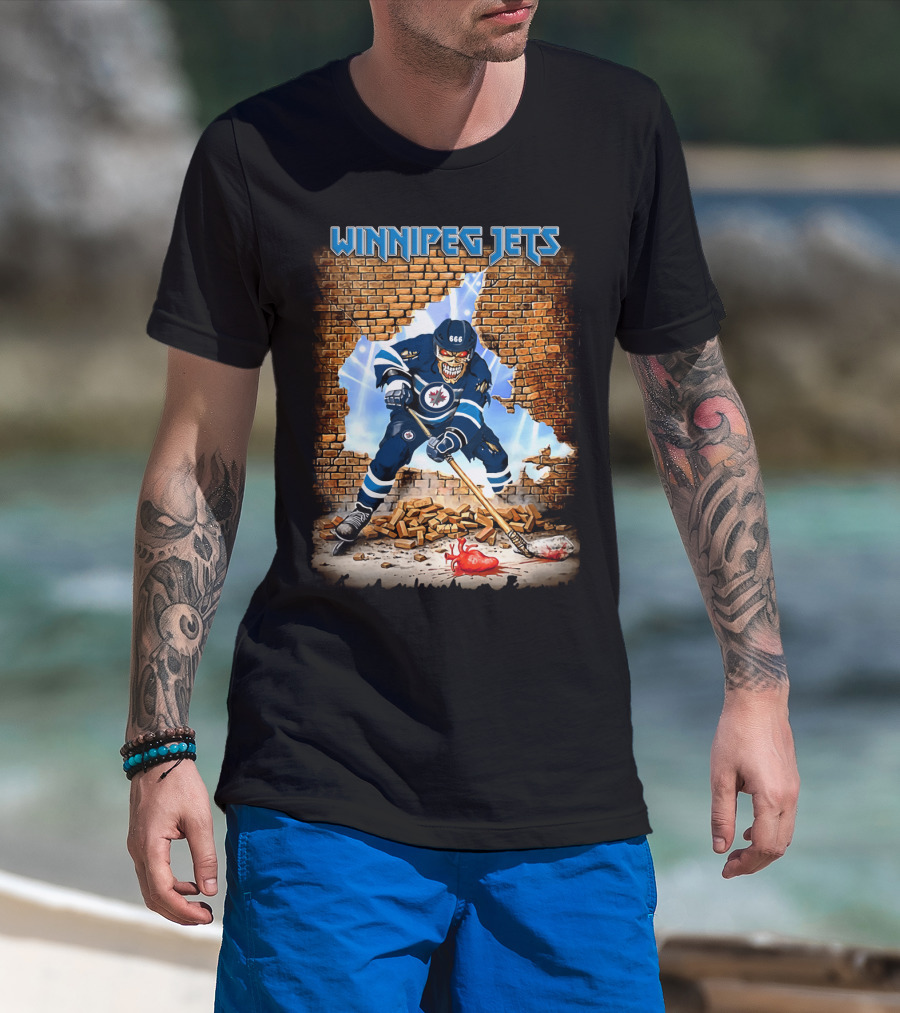 Winnipeg Jets Hockey Demonic Player Breaking Through Wall T-Shirt