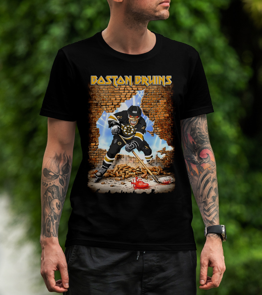 Boston Bruins Skeleton Hockey Player Breaking Through Wall T-Shirt