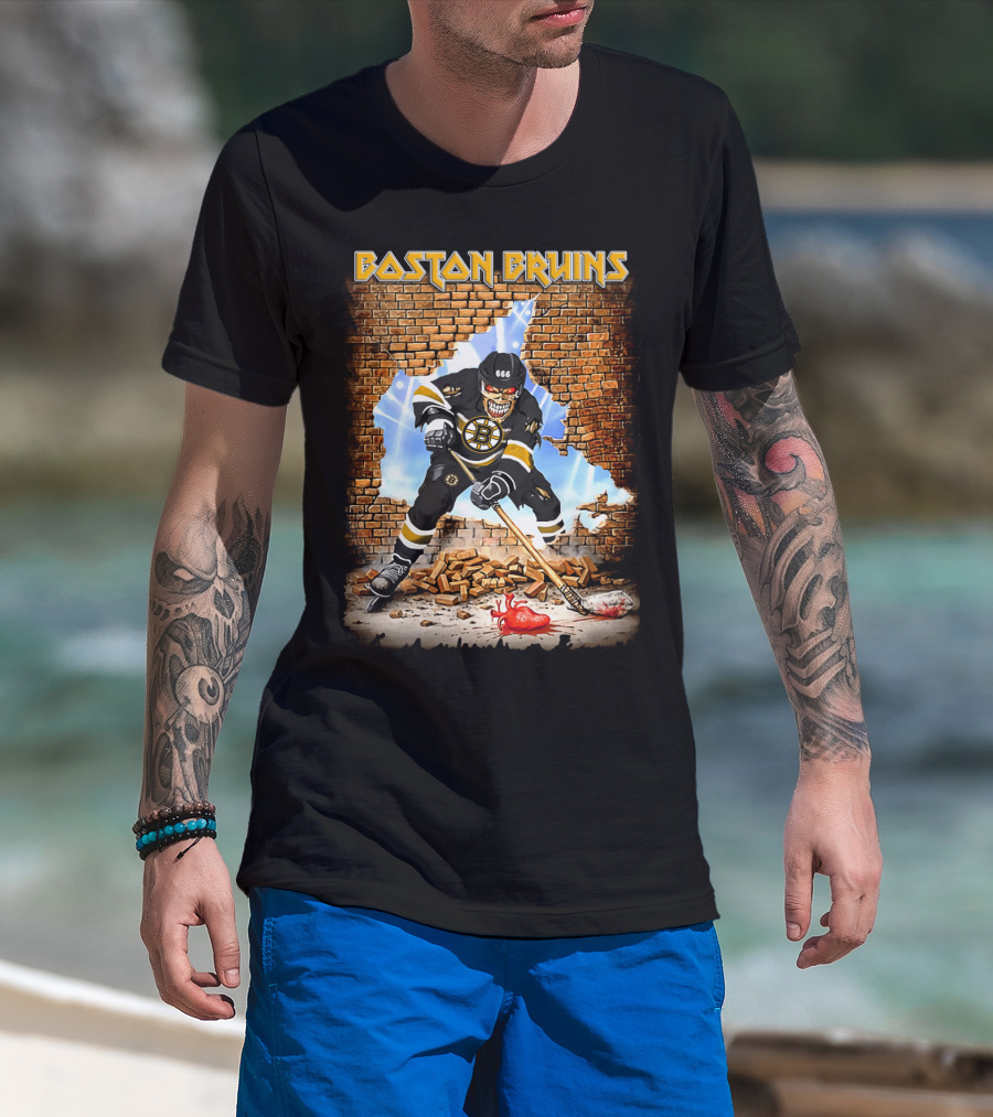 Boston Bruins Skeleton Hockey Player Breaking Through Wall T-Shirt