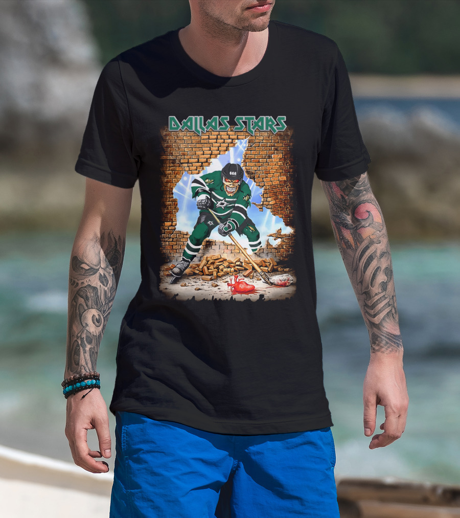Dallas Stars Hockey Player Breaking Through Brick Wall With Skull Face And Hockey Stick T-Shirt