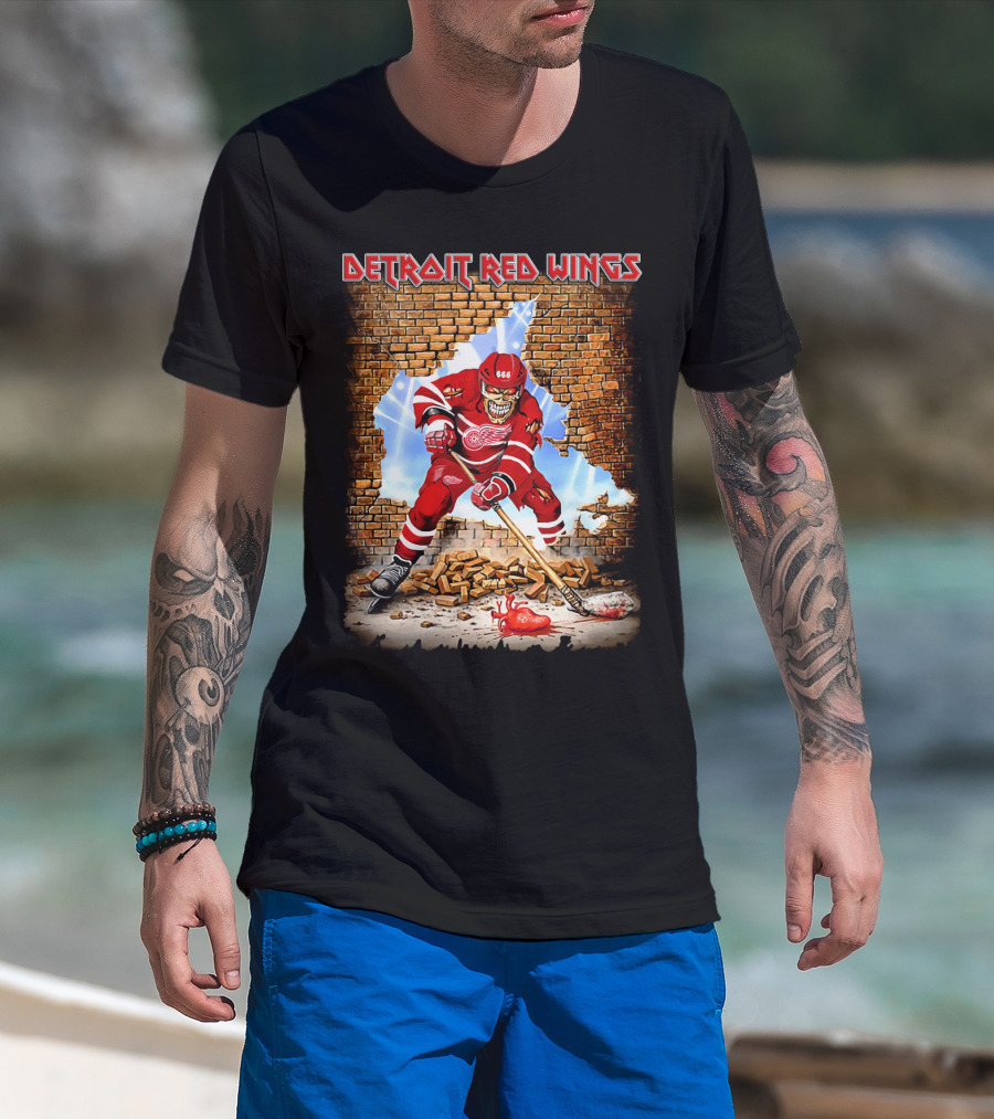 Detroit Red Wings Hockey Skeleton Brick Wall Breakthrough T-Shirt